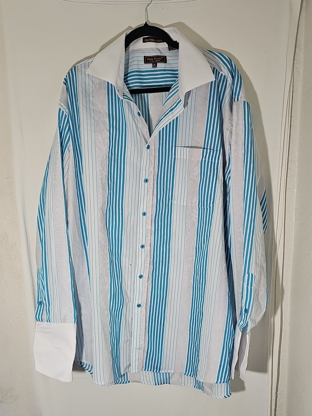 Men's Blue & White Striped Casual Button-Down Shirt with Contrast Collar